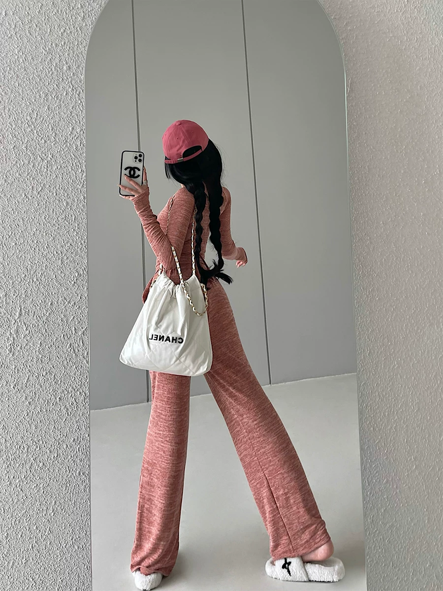 YoungGirlDay Pure Desire Style Slim Fit Tie Áo thun dài tay có dây rút eo cao Quần âu dài đến sàn Bộ quần dài