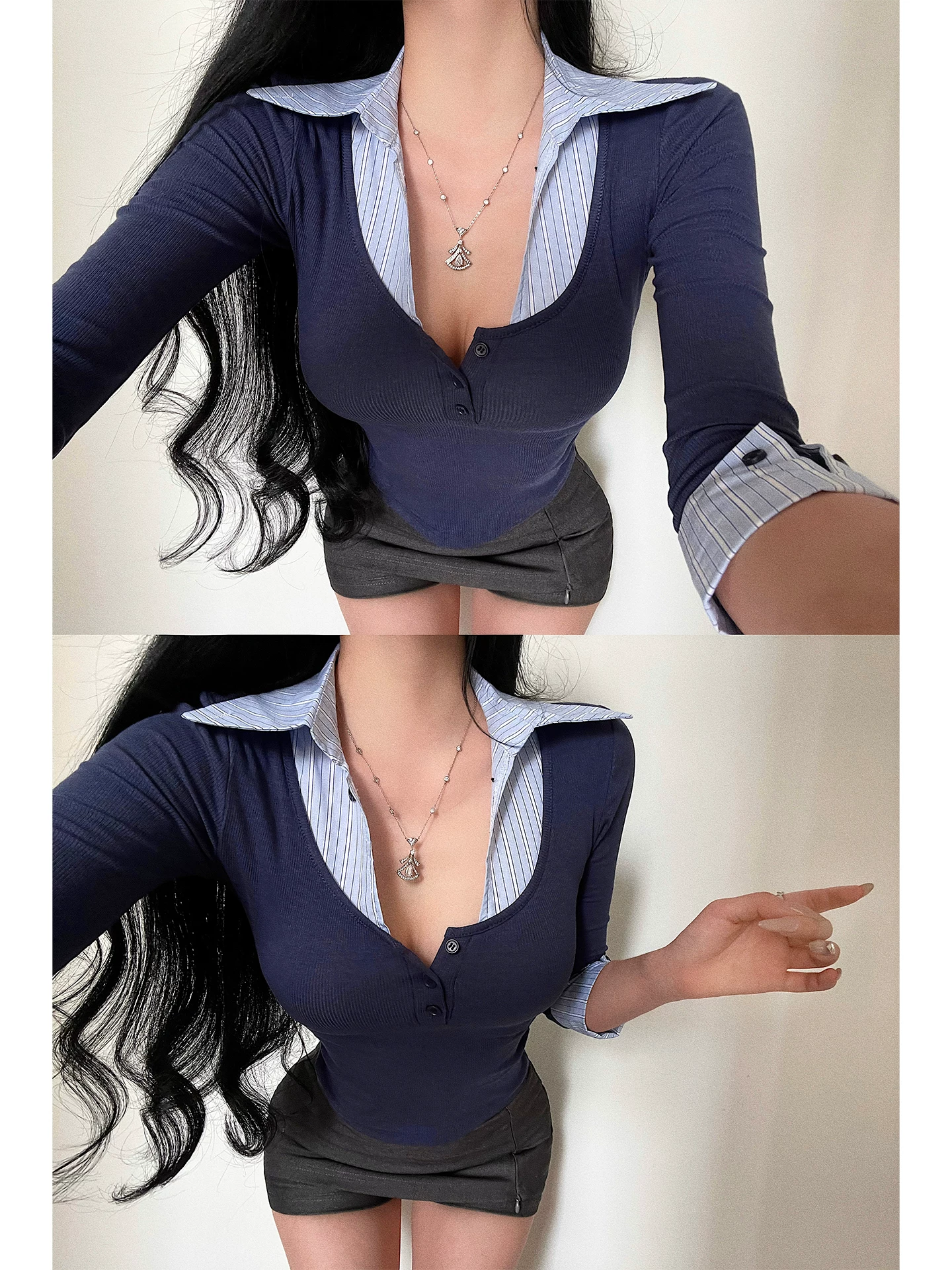 Áo sơ mi phong cách trưởng thành và thông minh của YoungGirlDay có cổ và thiết kế giả hai mảnh, tạo hiệu ứng thon gọn eo, áo thun tay ba phần tư.