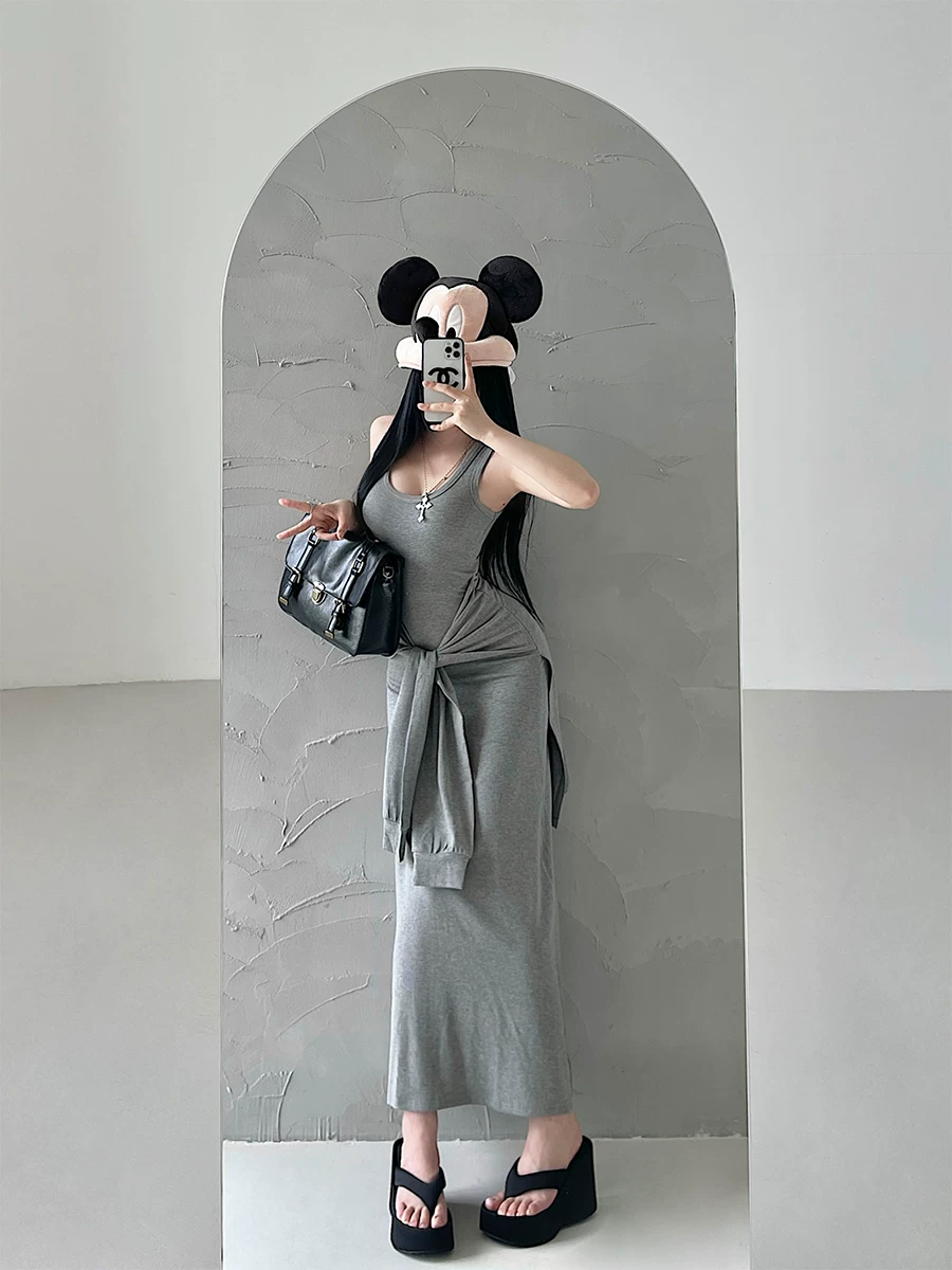 YoungGirlDay Pure Desire Style Phong cách gợi cảm cổ chữ U giả hai mảnh có dây buộc eo lớn Váy dây đeo viền dài