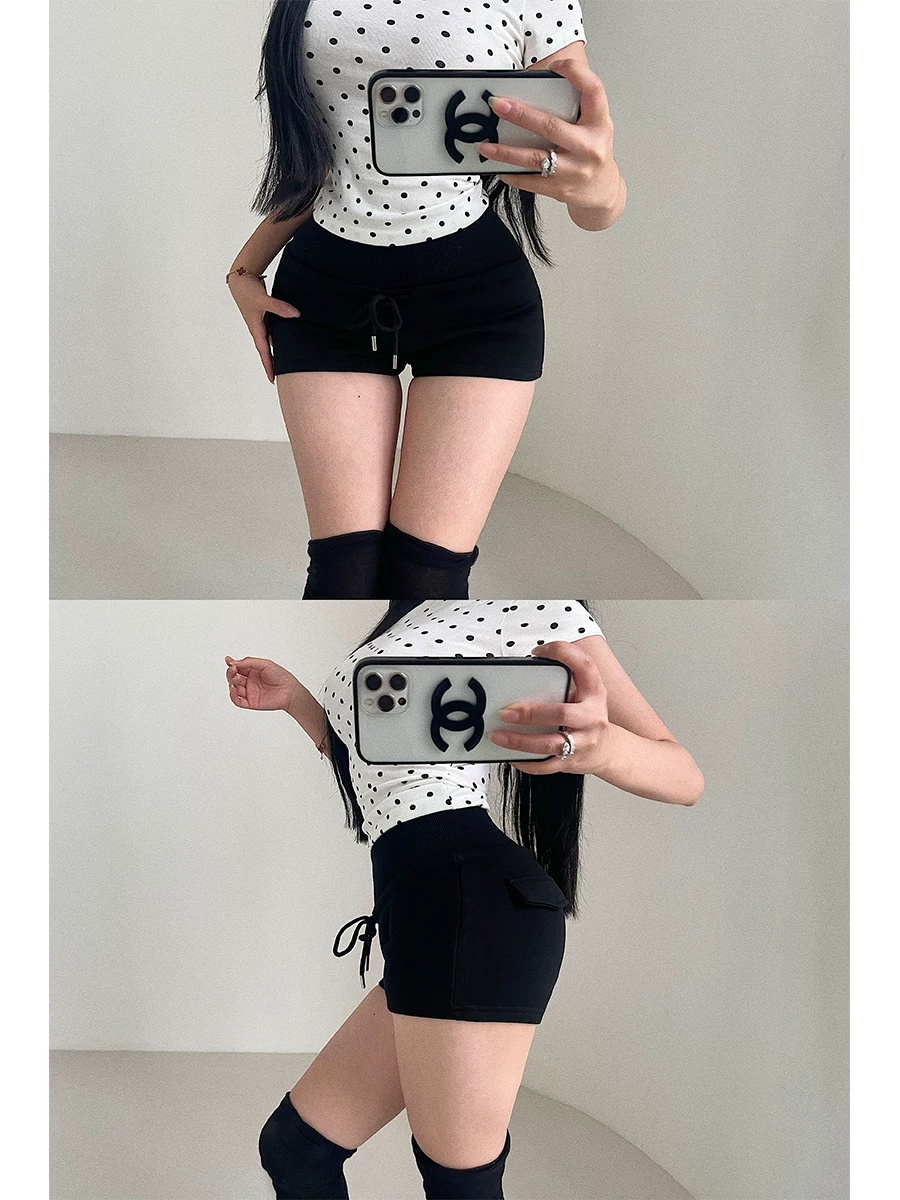 YoungGirlDay Quần short thể thao lưng cao dây rút phong cách Mỹ gợi cảm, quần short thể thao có dây rút vành rộng, quần short thể thao dành cho nữ