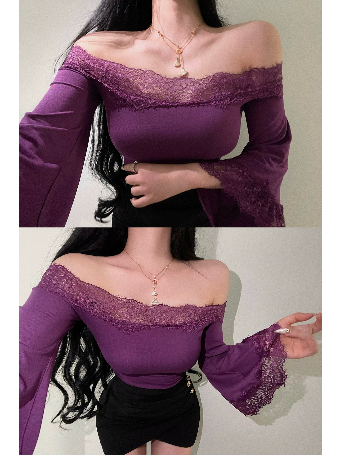 YoungGirlDay Pure Desire Gợi cảm lệch vai Slim Fit eo thon gọn ren chắp vá tay áo loe Áo thun hàng đầu