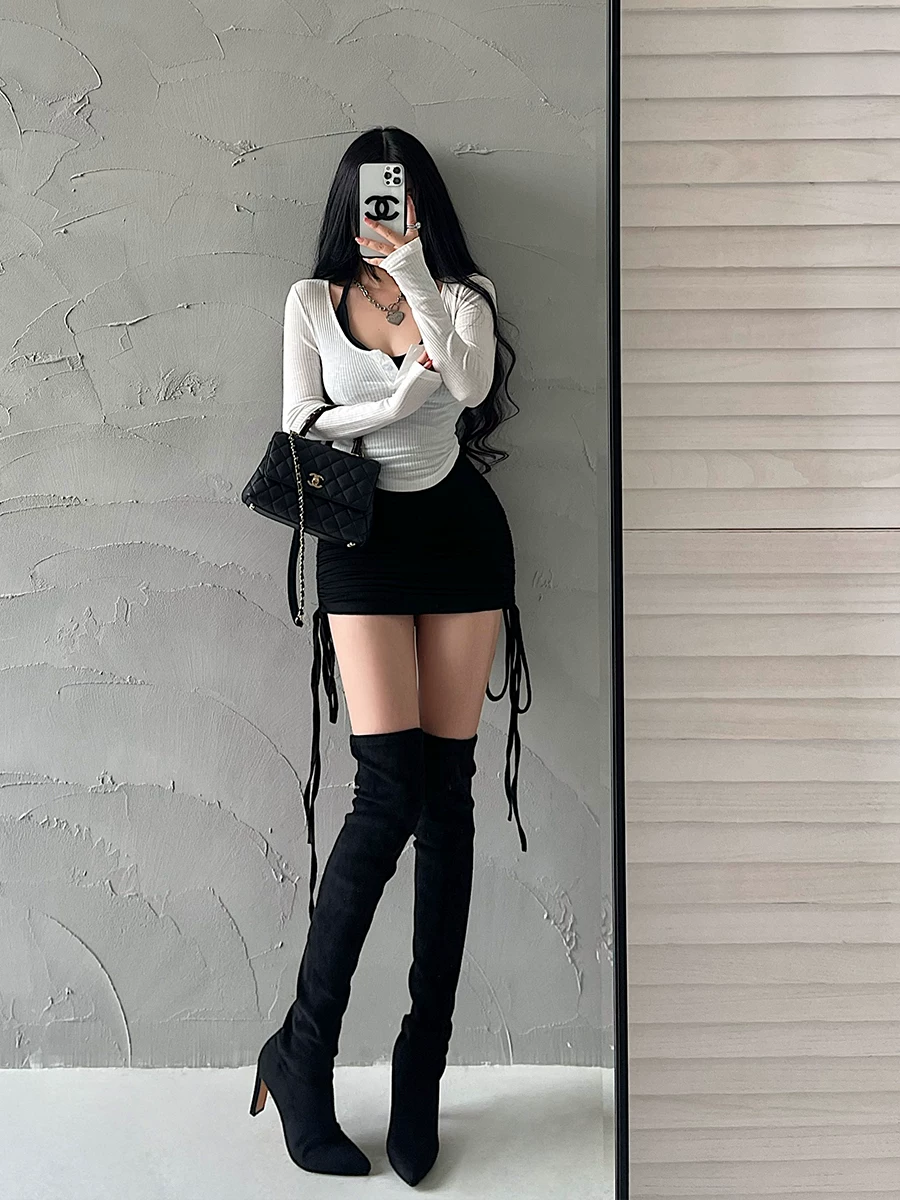 YoungGirlDay Pure Desire Áo thun dài tay gợi cảm có dây rút xếp nếp cổ Halter Bộ váy ôm sát có miếng đệm ngực.