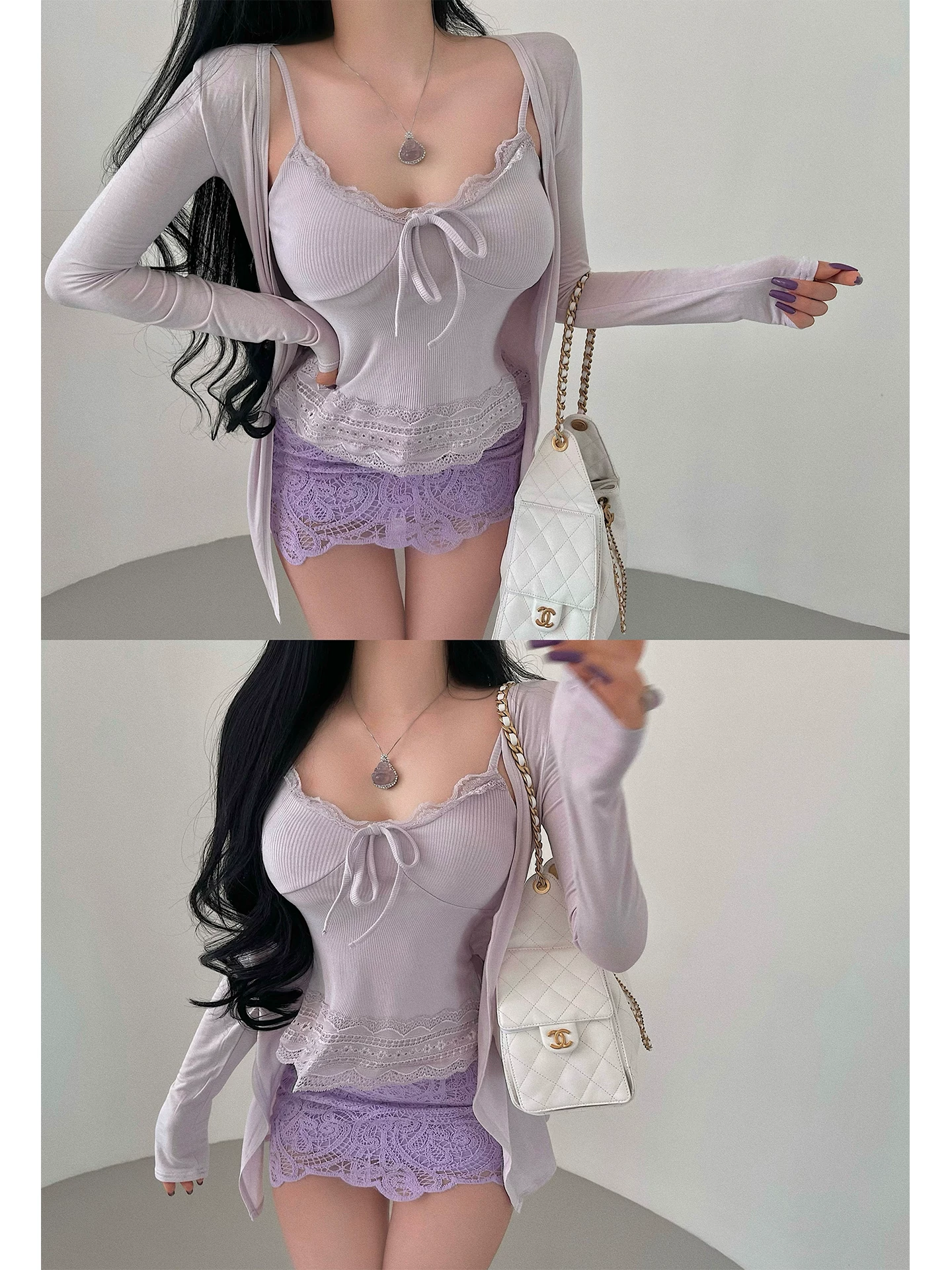 YoungGirlDay thuần khiết khao khát gợi cảm áo ren dài tay áo cardigan ren cạp cao ôm hông váy ngắn