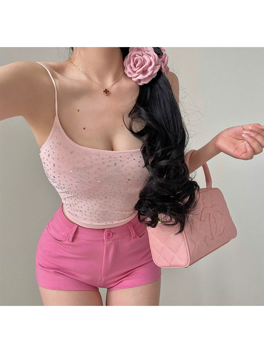YoungGirlDay Áo crop top ngắn hai lớp lưới đính đá lấp lánh phong cách Mỹ gợi cảm hot girl hợp thời trang
