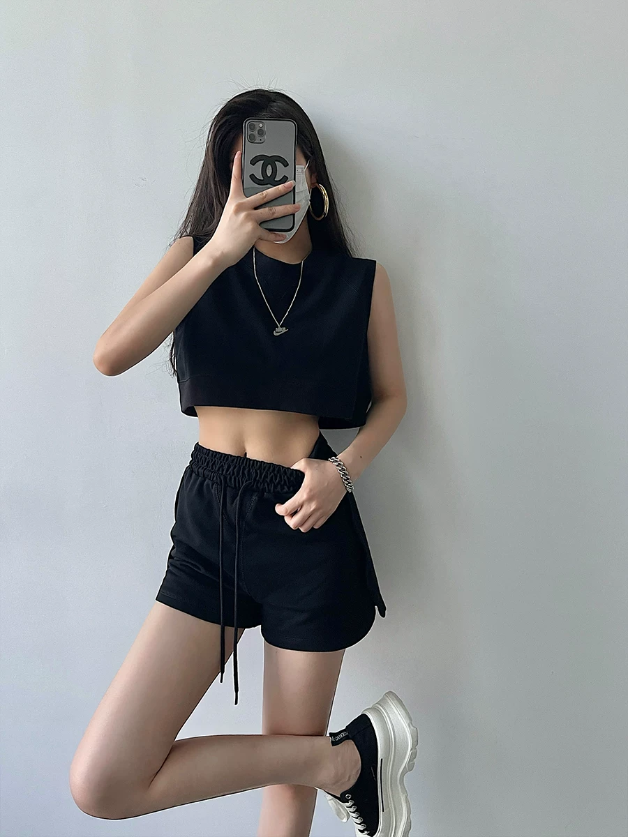 YoungGirlDay Áo crop top ngắn cổ tròn dáng rộng thời trang châu Âu và Mỹ, áo vest thể thao không tay thông thường