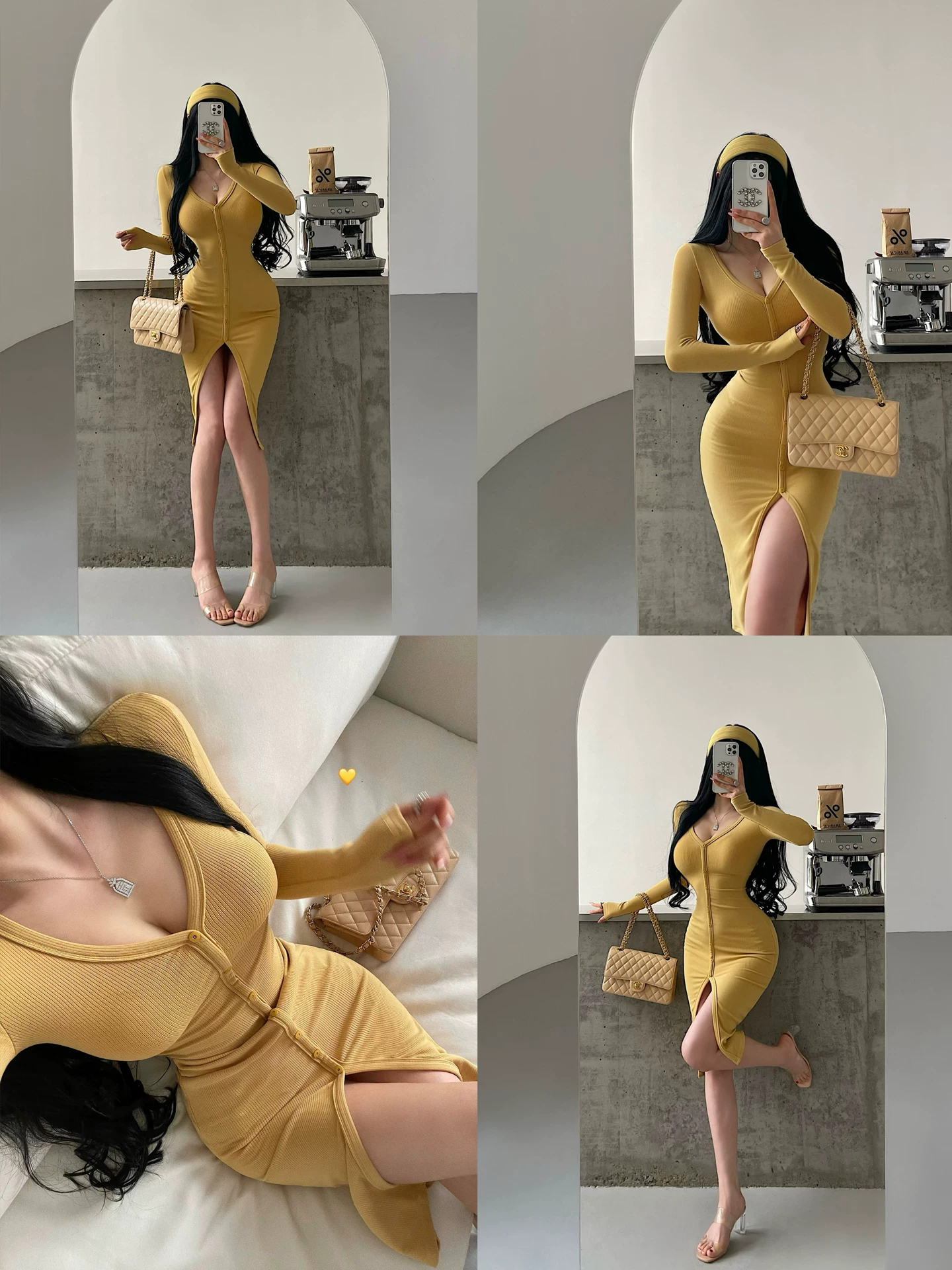YoungGirlDay Pure Desire Phong cách nhẹ nhàng Váy midi ôm sát cổ chữ V gợi cảm tay dài một hàng khuy.