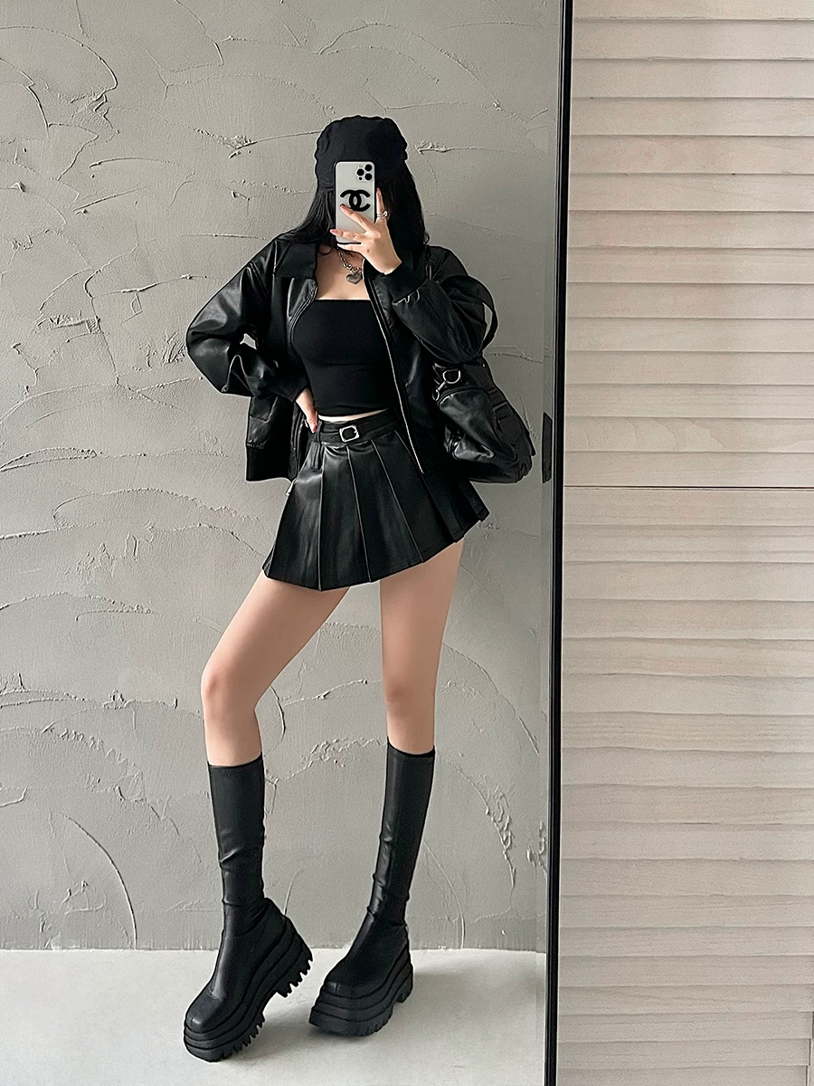 YoungGirlDay Maillard Váy xếp ly bằng da PU chống lộ eo cao gợi cảm có thắt lưng.