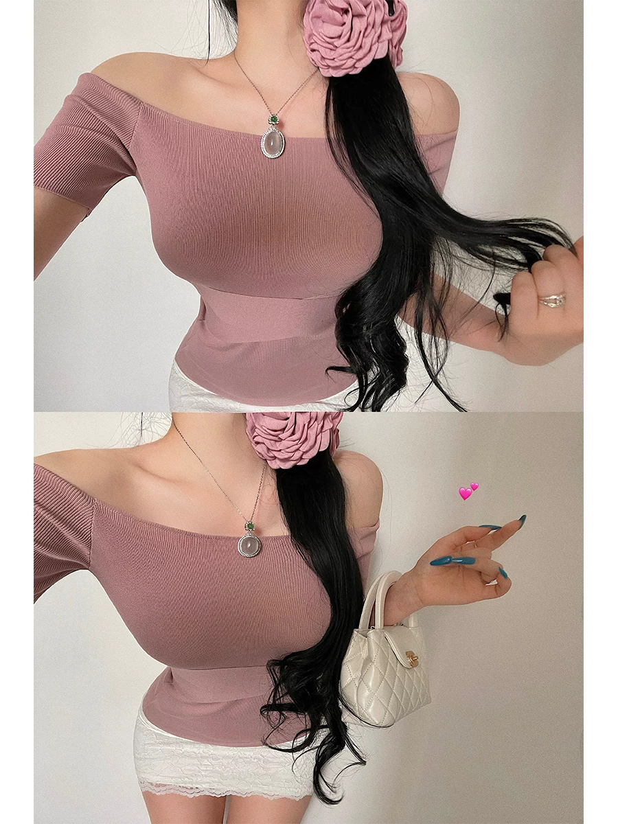 YoungGirlDay Pure Desire Style Áo thun dệt kim tay ngắn lệch vai gợi cảm, thắt eo, giảm béo eo.