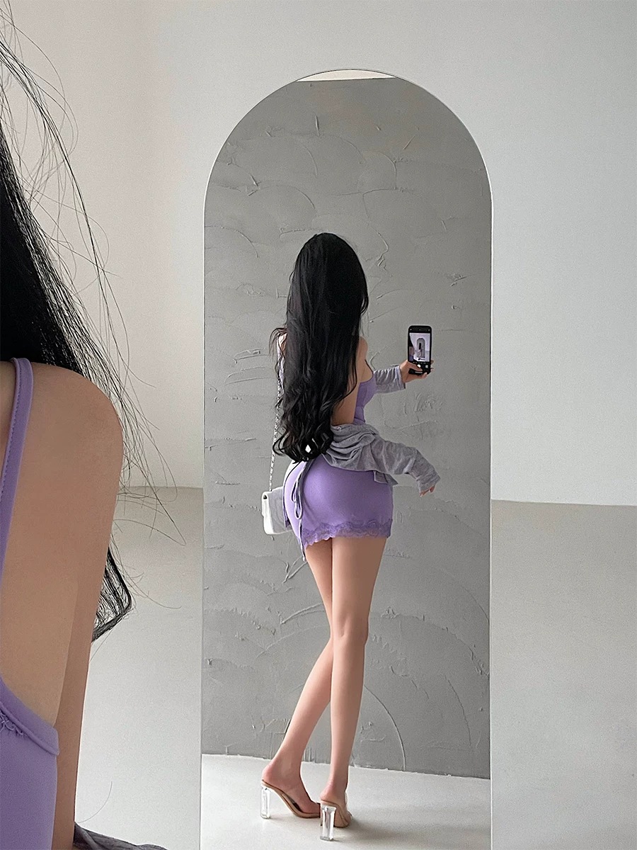 YoungGirlDay khao khát thuần khiết gợi cảm áo cardigan dài tay một hàng khuy ren dây treo ôm hông váy ngắn bộ váy ngắn