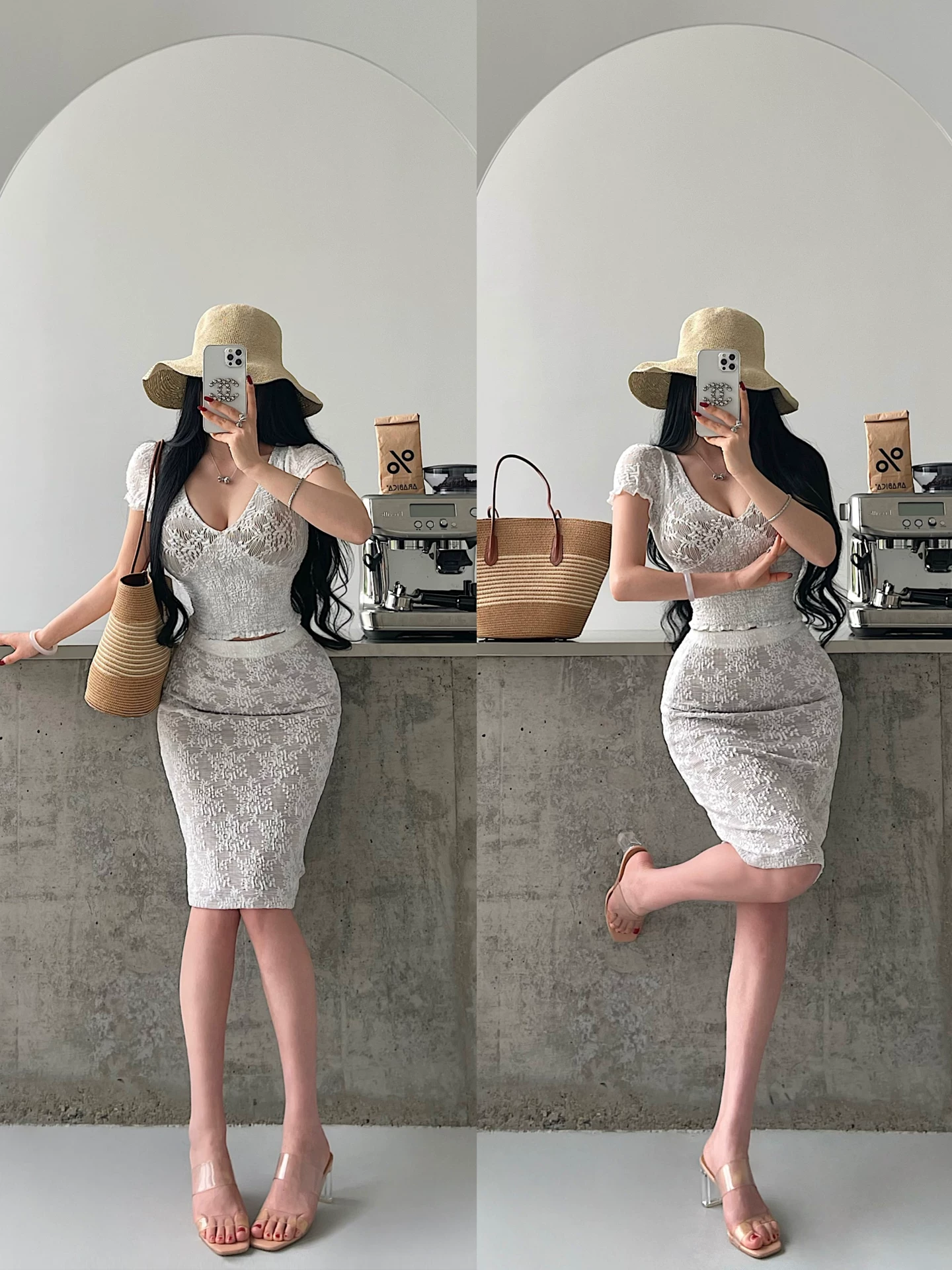 YoungGirlDay phong cách thuần khiết gợi cảm ren cổ chữ V xù lông tay ngắn áo thun ngắn tay váy bodycon cạp cao