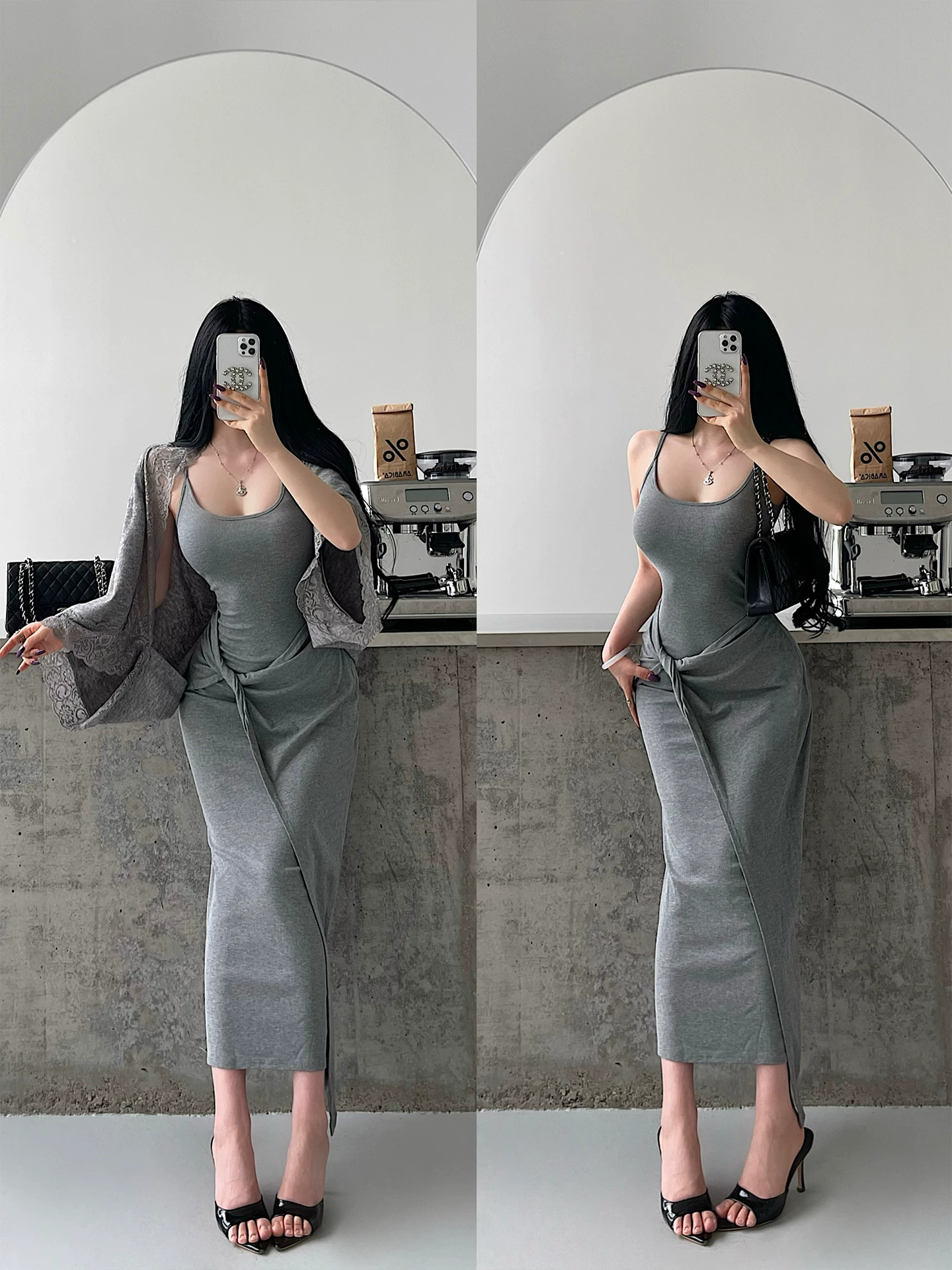 YoungGirlDay phong cách thuần khiết gợi cảm, váy liền thân ôm eo, váy dài, áo khoác len dệt kim, bộ đồ