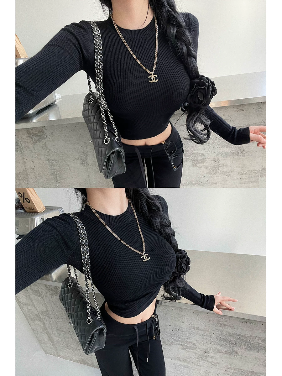 Áo dệt kim dài tay co giãn cổ tròn cơ bản YoungGirlDay Kardashian dành cho nữ