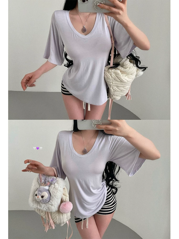 YoungGirlDay Pure Desire phong cách lười biếng cổ chữ V dáng rộng giảm béo tay áo mỏng có kết cấu mỏng như nước dành cho nữ.