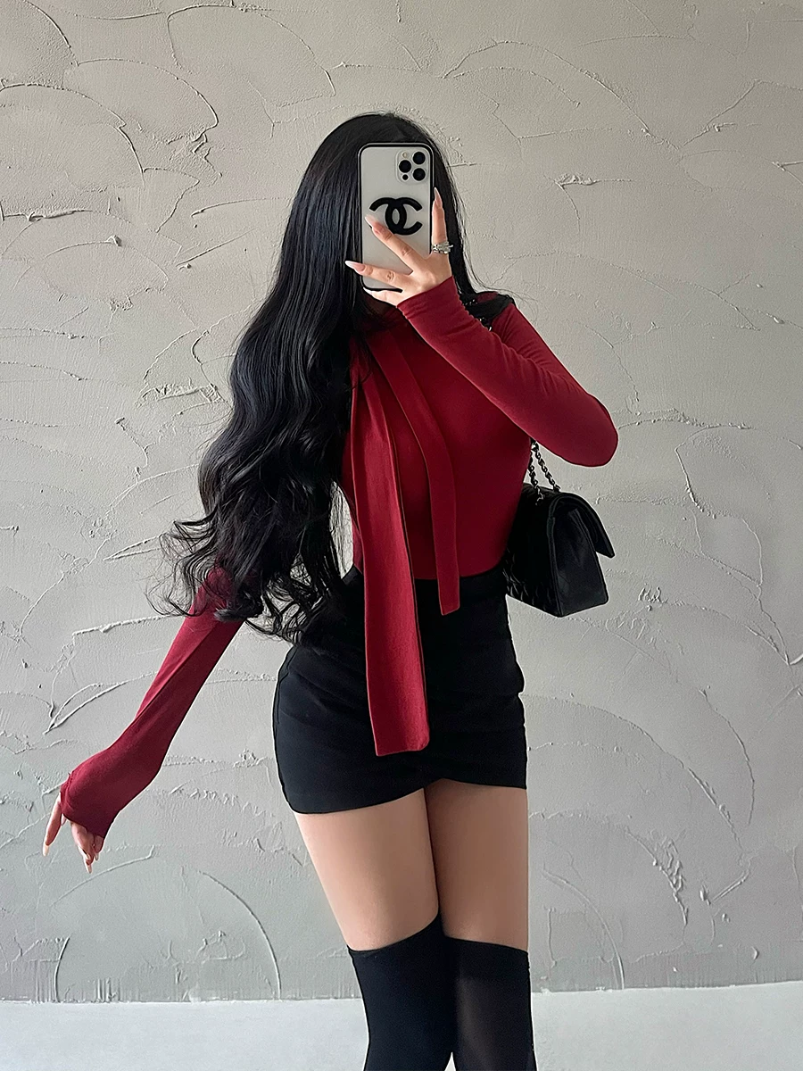 YoungGirlDay Pure Desire Sweet Girl Cổ cao Slim Fit Tie-Neck Dài tay áo thun lớp nền Top