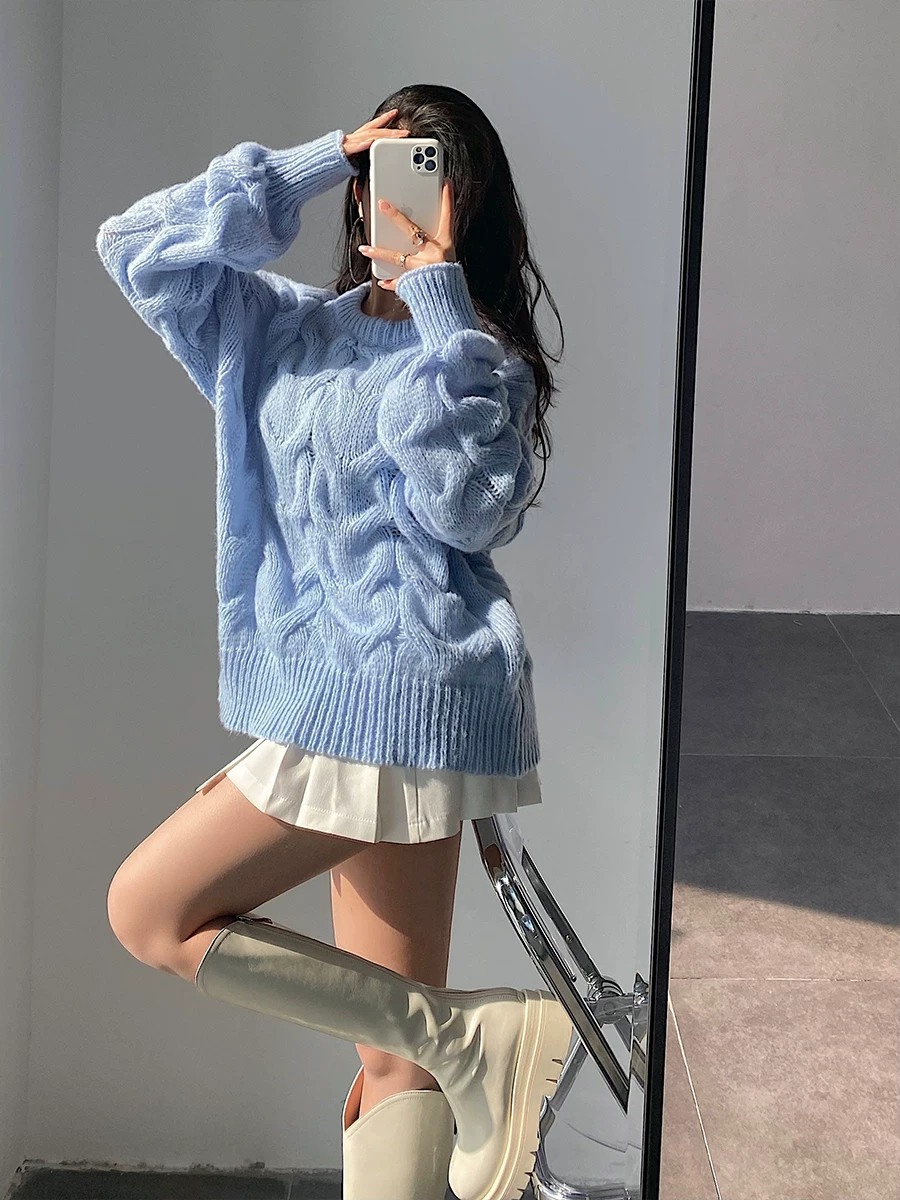 Áo len chui đầu dệt kim dày dặn, tay dài, cổ tròn, dáng rộng, phong cách retro Mỹ của YoungGirlDay.