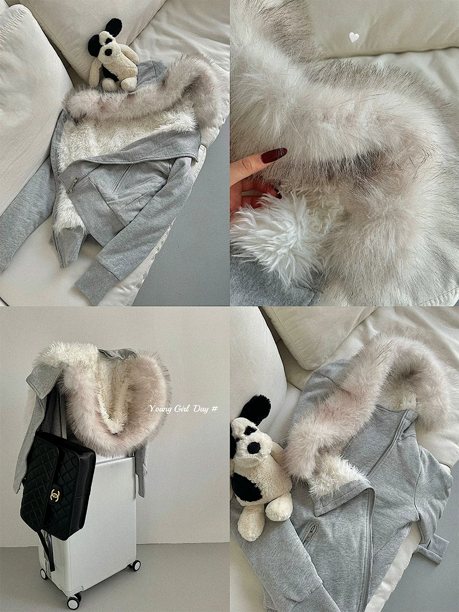 YoungGirlDay khao khát thuần khiết phong cách cô gái ngọt ngào có mũ trùm đầu có khóa kéo, áo khoác cotton bên trong lót lông cừu dày dặn.