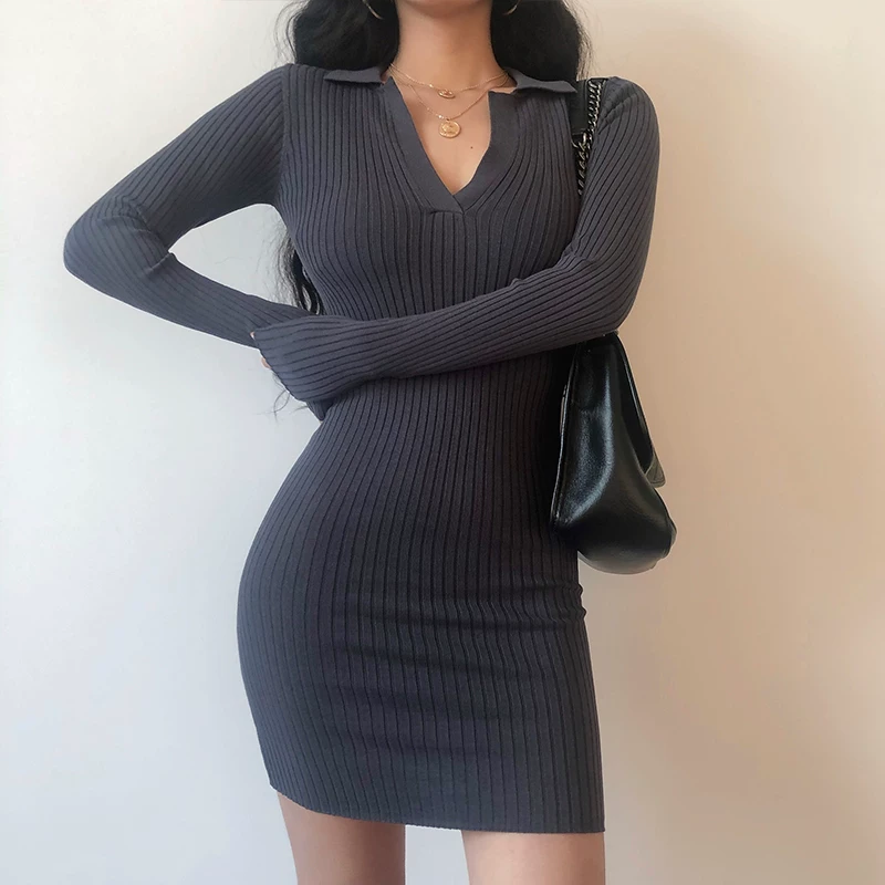 YoungGirlDay Váy dệt kim dài tay cổ chữ V phong cách Âu Mỹ ôm sát hông gợi cảm