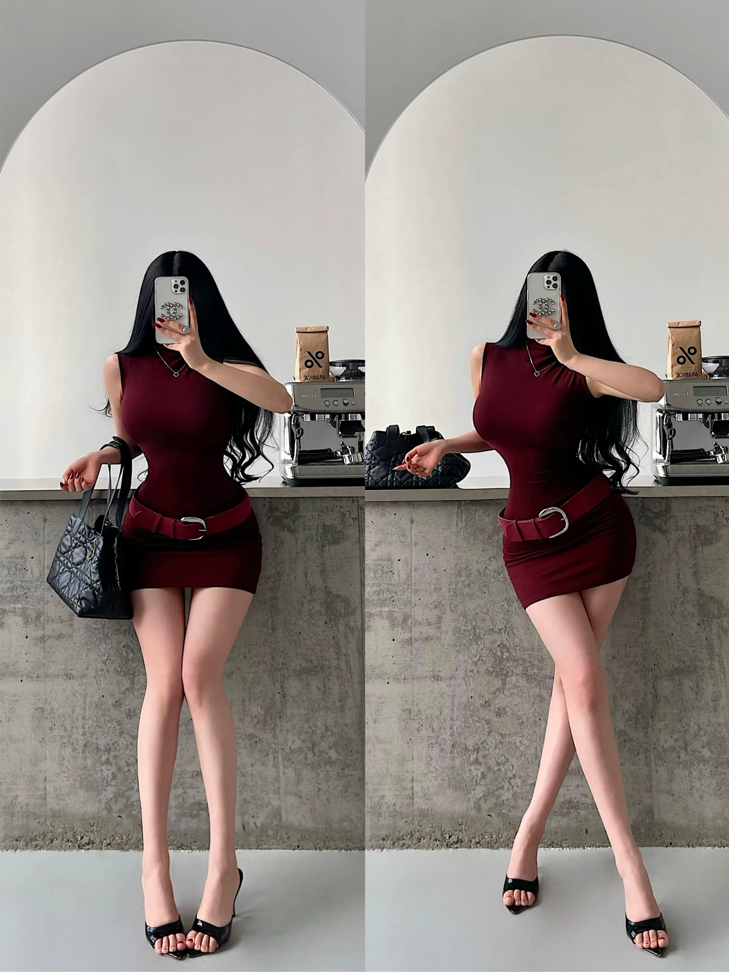 YoungGirlDay phong cách thuần khiết gợi cảm, váy hai dây ôm sát cổ cao không tay có thắt lưng.