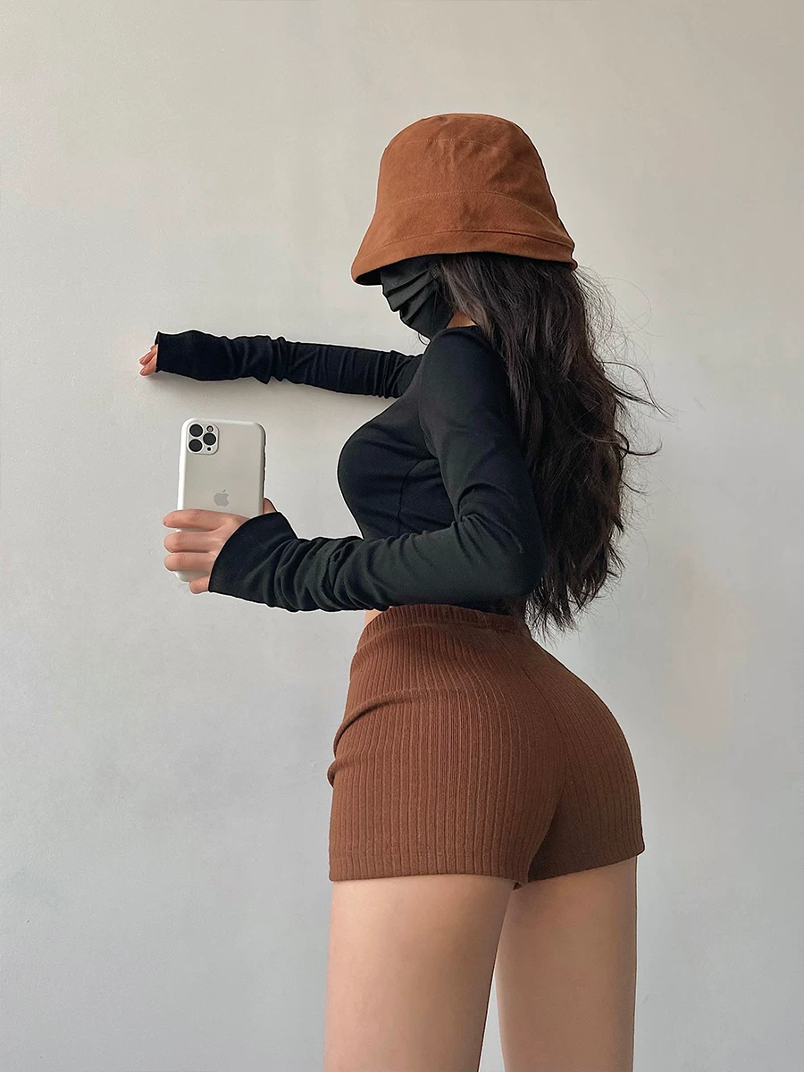 YoungGirlDay Quần short thể thao dệt kim màu trơn ôm sát hông phong cách Âu Mỹ phong cách Âu Mỹ quần short thể thao thông thường