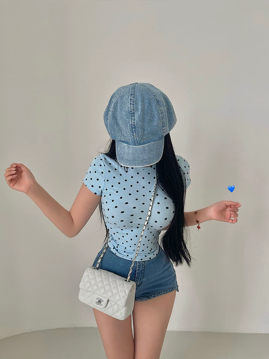 YoungGirlDay Pure Desire Sweet Girl Cổ Tròn Slim Fit Thiết Kế Vai Thông Thường Co Giãn Tay Ngắn Áo Phông Chấm Bi Hàng Đầu