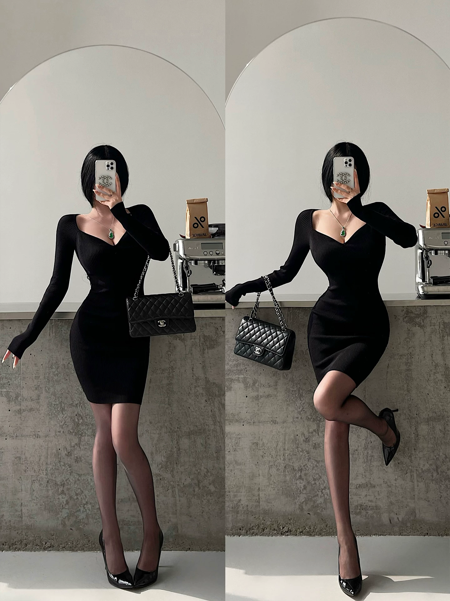 YoungGirlDay khao khát thuần khiết gợi cảm ngọt ngào đường viền cổ áo eo thon giảm béo váy bodycon dệt kim dài tay váy ngắn