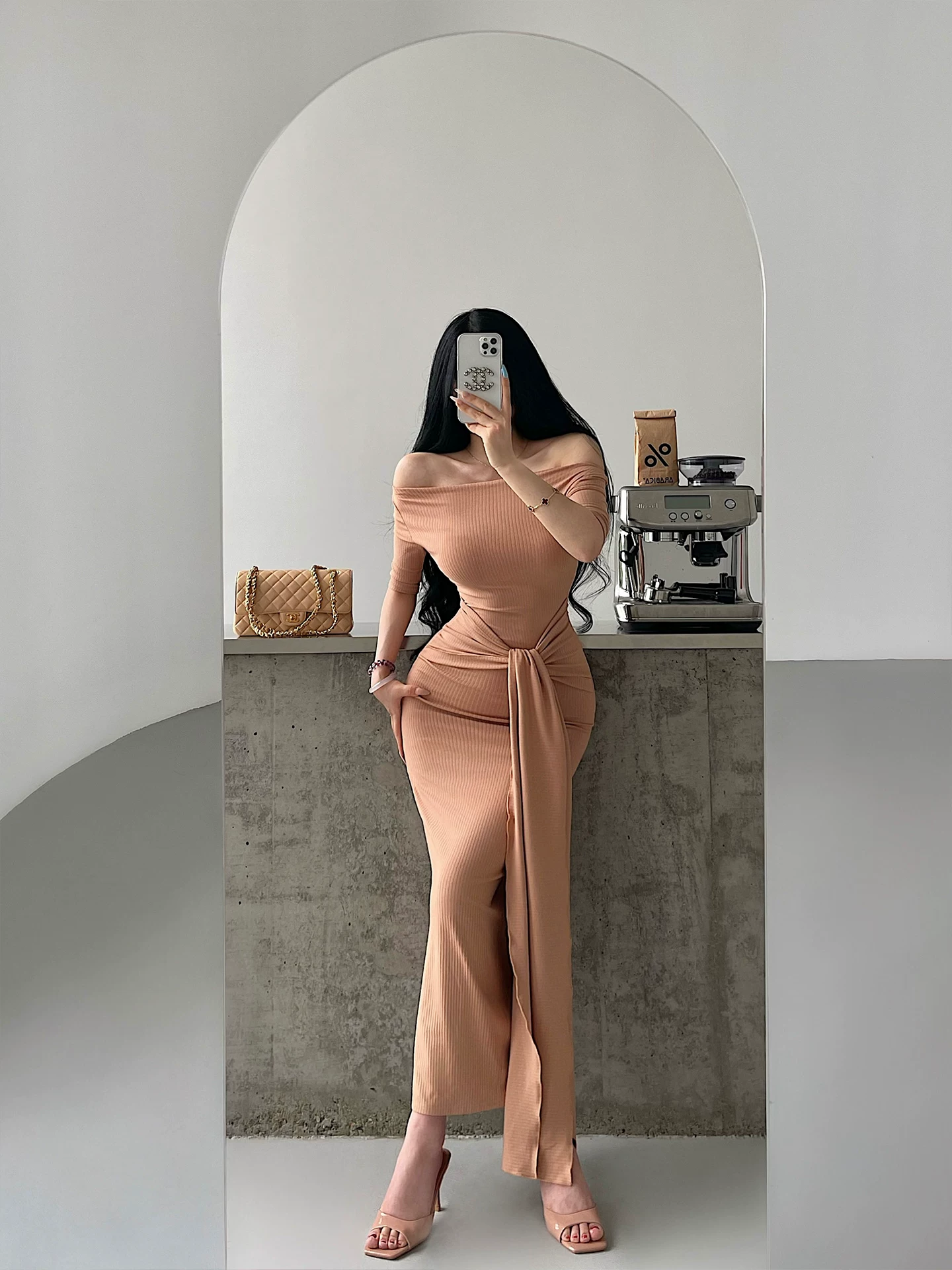 YoungGirlDay pure Desire gợi cảm, trễ vai, thắt eo, giảm béo, tay áo dài vừa phải, đầm bodycon dài