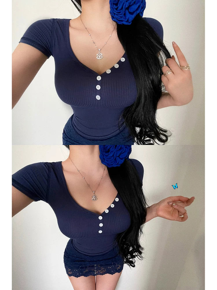 YoungGirlDay khao khát thuần khiết hot girl gợi cảm cổ chữ V sâu trang trí nút thắt eo ôm sát eo thon gọn áo thun ngắn tay