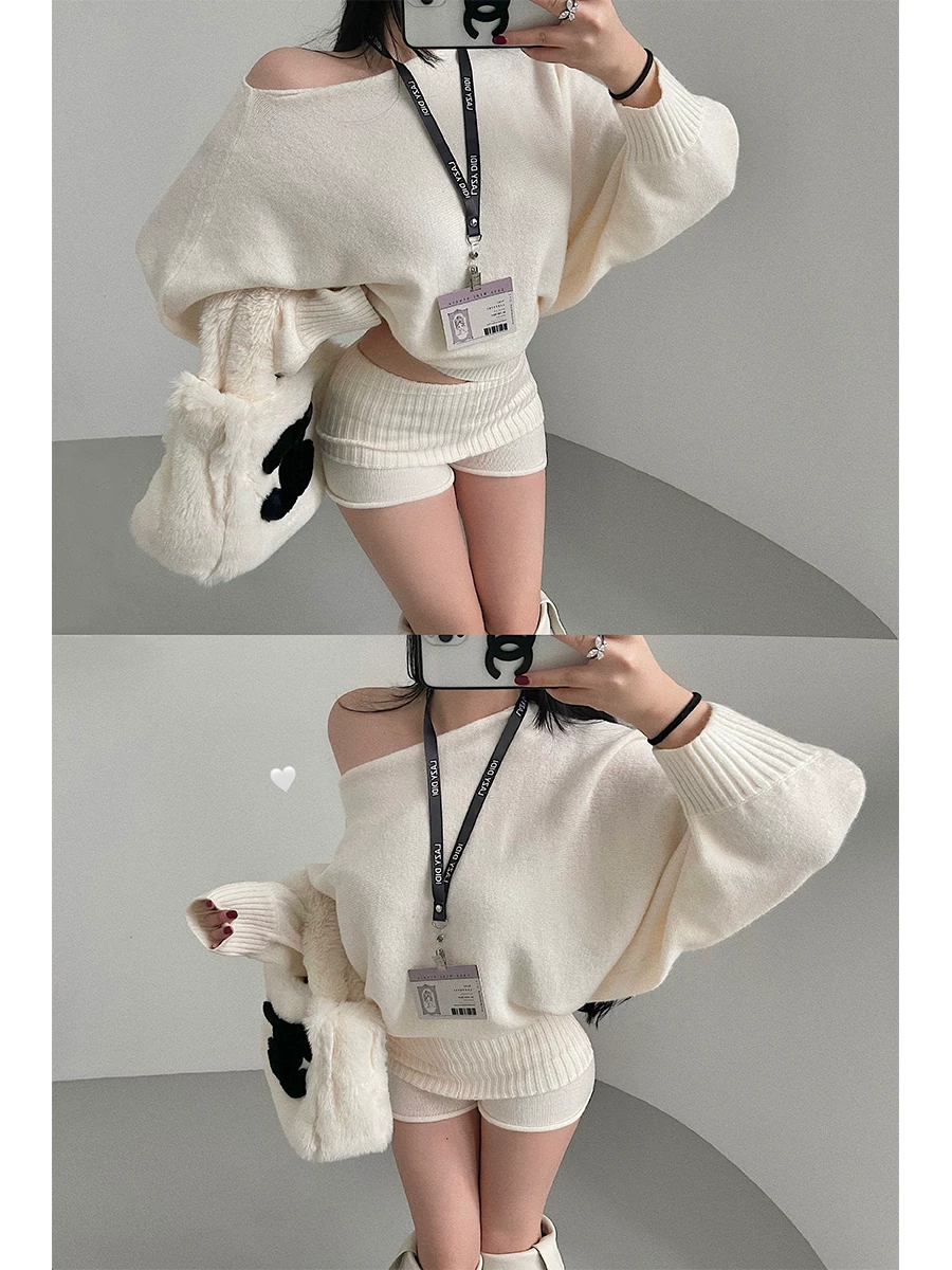 YoungGirlDay pure Desire phong cách lười biếng, áo trễ vai dáng rộng tay dài, quần short cạp cao viền cuộn, bộ đồ dệt kim hợp thời trang