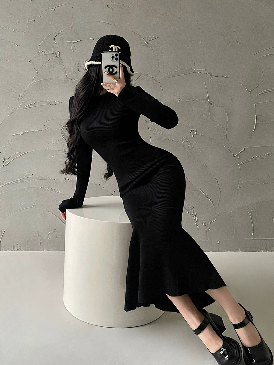 YoungGirlDay khao khát thuần khiết gợi cảm cổ tròn ôm sát tay dài dệt kim bodycon váy đuôi cá váy dài