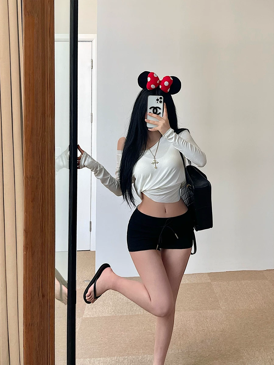 YoungGirlDay ngọt ngào và cá tính, cô gái gợi cảm, quần short thể thao lưng thấp có dây rút, lưng thun, màu trơn, quần short thể thao thông thường dành cho nữ
