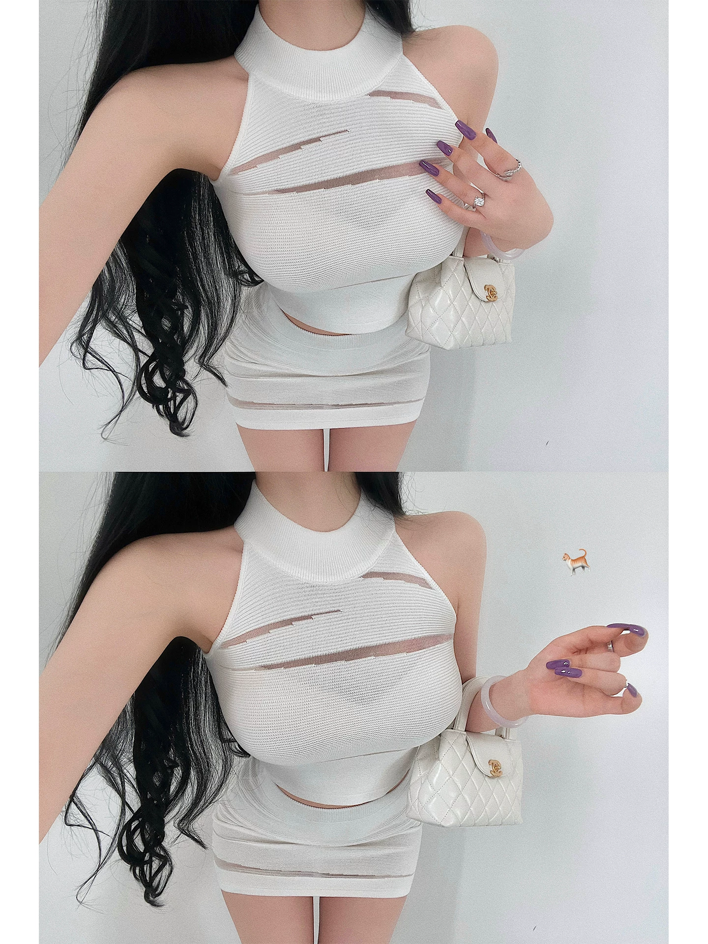 YoungGirlDay phong cách thuần khiết gợi cảm, áo vest không tay lưới xuyên thấu, chân váy ôm hông cạp cao, bộ đồ dệt kim