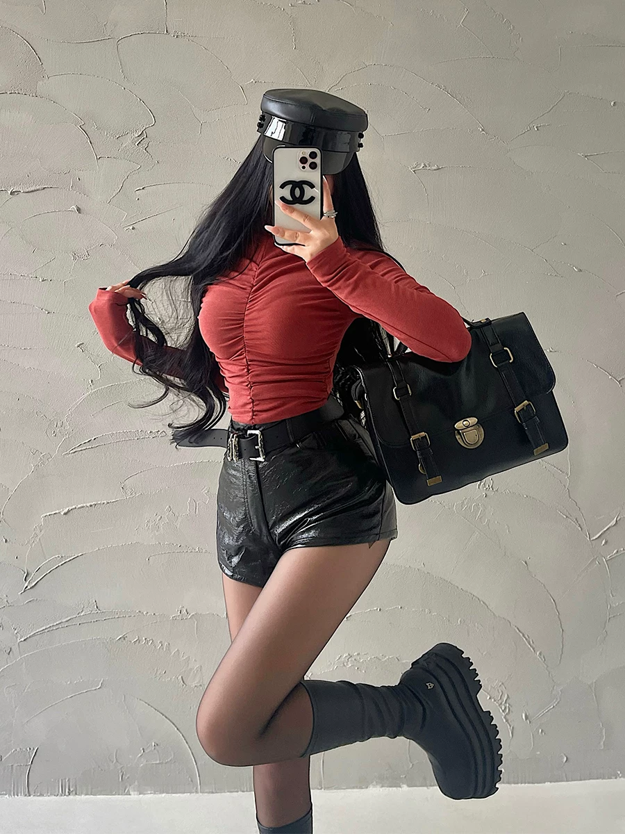 YoungGirlDay Pure Desire Hot Girl Cổ cao Slim Fit Chắp vá xếp nếp eo dài tay áo thun cơ bản.