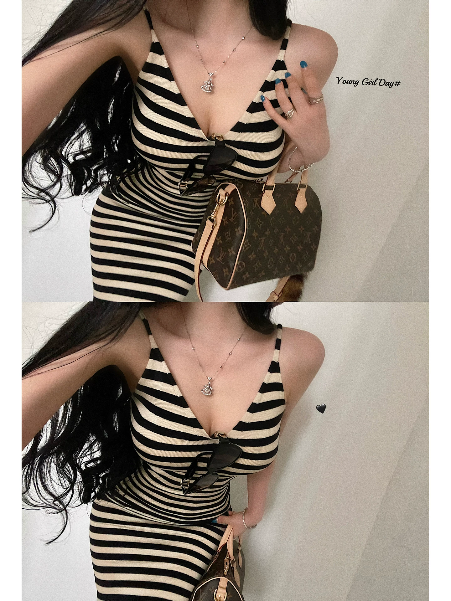 YoungGirlDay Pure Desire Cổ chữ V gợi cảm Slim Fit Sọc xẻ bên hông Váy dệt kim Bodycon Slip Dress Áo dài