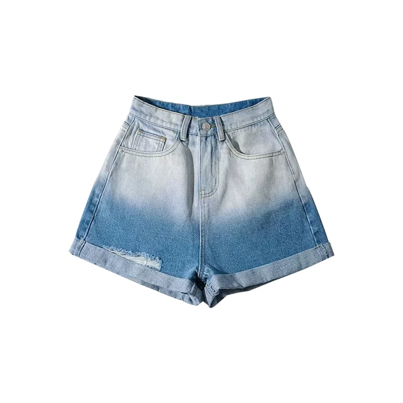 YoungGirlDay Quần short denim viền cuộn kiểu Âu Mỹ gợi cảm, cạp cao, dáng chữ A, phối màu gradient, quần short denim viền cuộn