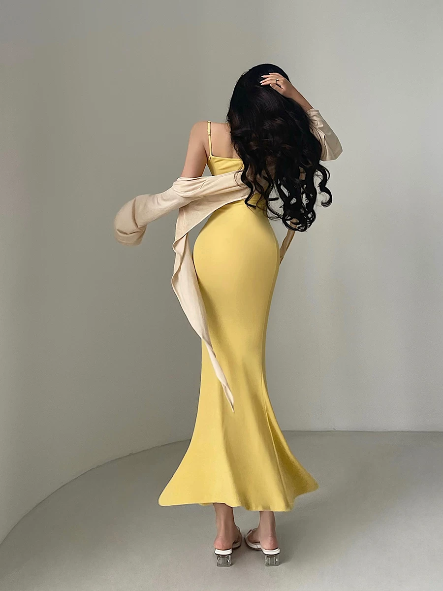 YoungGirlDay phong cách thuần khiết gợi cảm, ôm sát cơ thể, co giãn, đầm dây đuôi cá, đầm dài