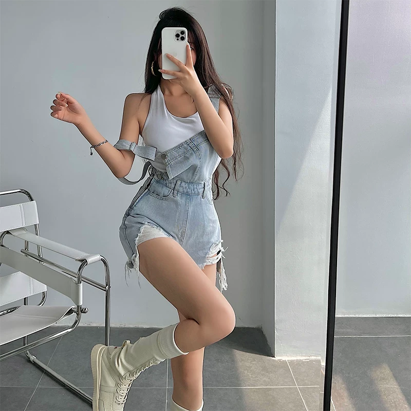 Quần short denim rách kiểu mới mùa hè YoungGirlDay2025, dáng rộng, tôn dáng, ống rộng, phong cách hot girl
