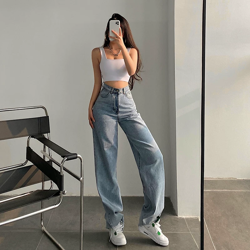 YoungGirlDay 2023 quần jean ống rộng đa năng phong cách châu Âu và Mỹ mới, cạp cao, sờn rách, quần dài đến sàn
