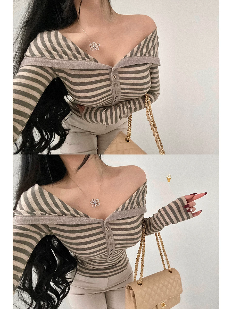 YoungGirlDay Pure Desire Style Áo thun trễ vai cổ lớn sọc đơn hàng khuy dài tay gợi cảm