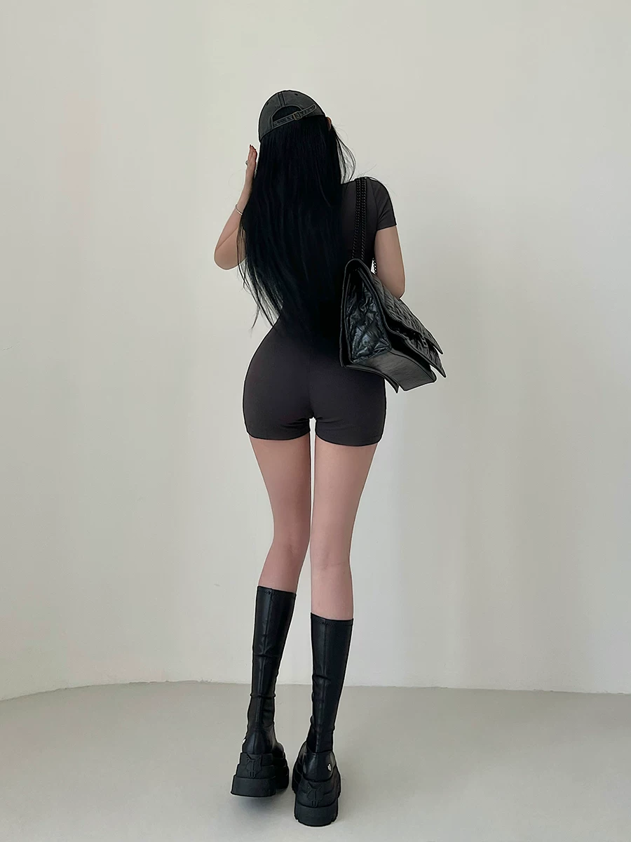 YoungGirlDay Bộ áo liền quần ngắn tay màu trơn, cổ tròn, một hàng khuy, co giãn, phong cách châu Âu và Mỹ dành cho nữ.