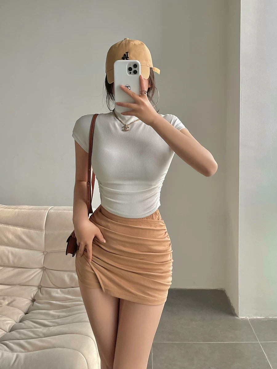 YoungGirlDay Pure Desire Gợi cảm Slim Fit Cổ cao xếp nếp Áo thun ngắn tay ngắn dành cho nữ.