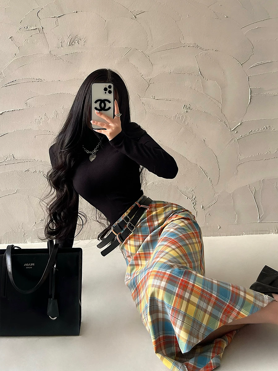 YoungGirlDay retro dopamine eo cao giảm béo có đai đôi kẻ sọc đầy màu sắc Váy chữ A dài vừa phải