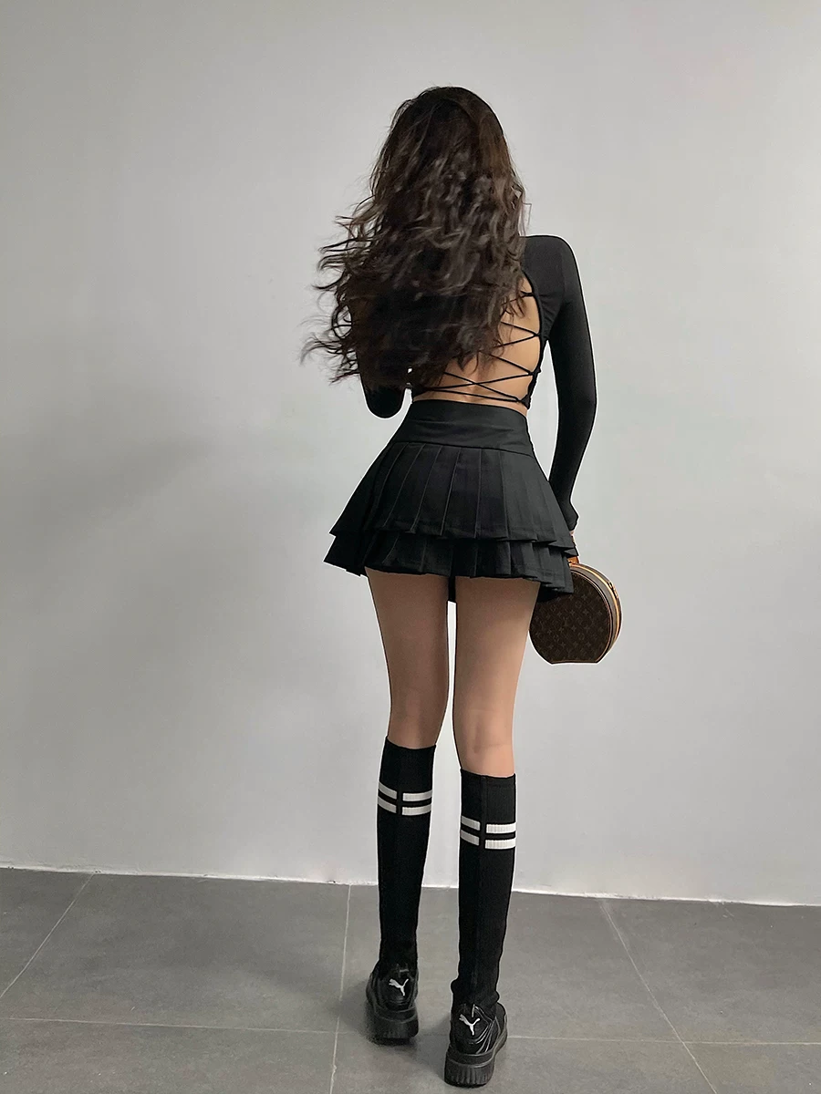 YoungGirlDay Quần short an toàn chống lộ hàng phong cách đại học châu Âu và Mỹ, quần short ngắn xếp ly hai lớp, nửa váy