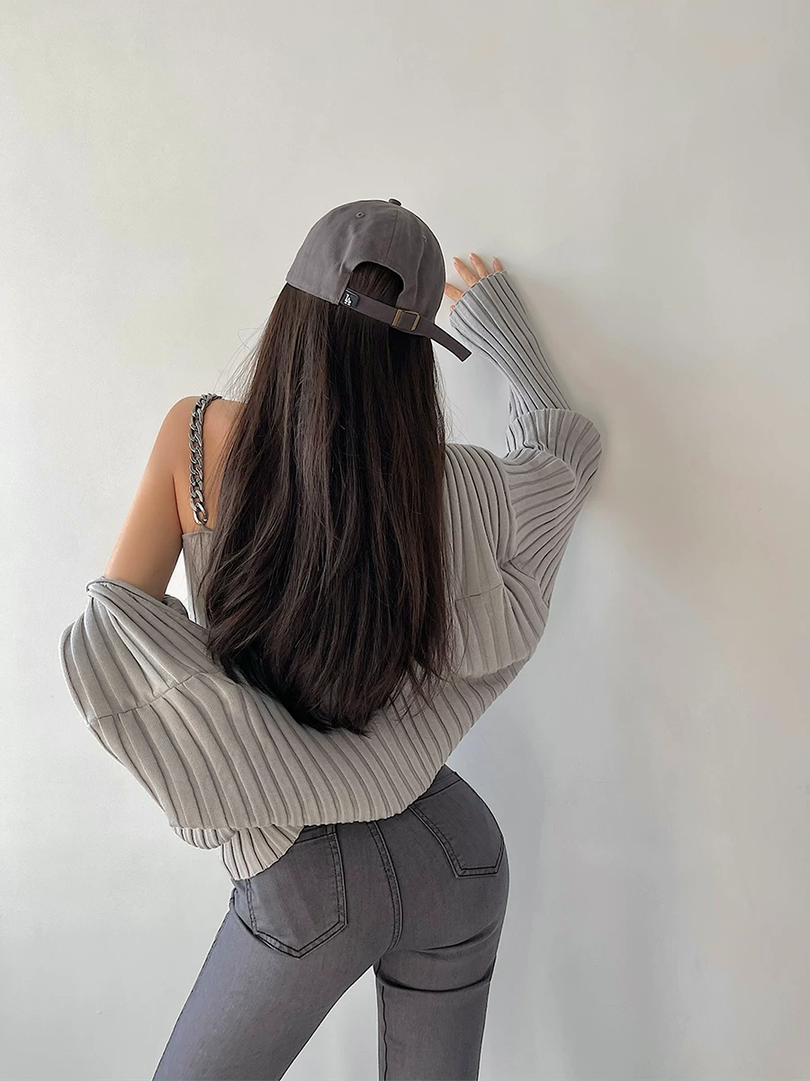 YoungGirlDay Áo dệt kim dài tay thời trang Âu Mỹ, bộ hai mảnh áo yếm ôm sát gợi cảm