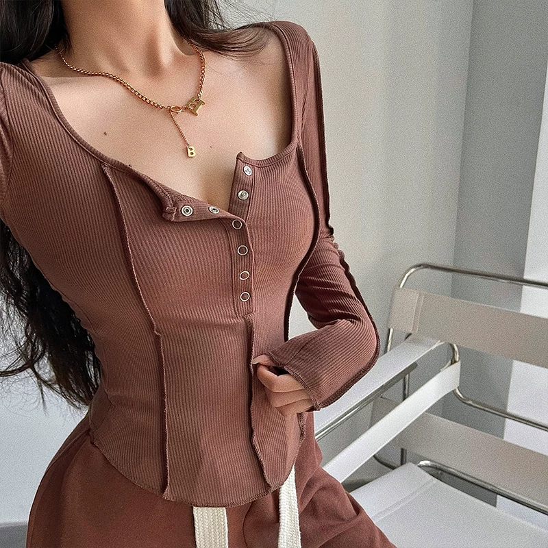 YoungGirlDay Áo thun cơ bản dài tay cổ chữ U cỡ lớn phong cách Âu Mỹ kiểu dáng ôm vừa vặn khâu ngược một hàng khuy