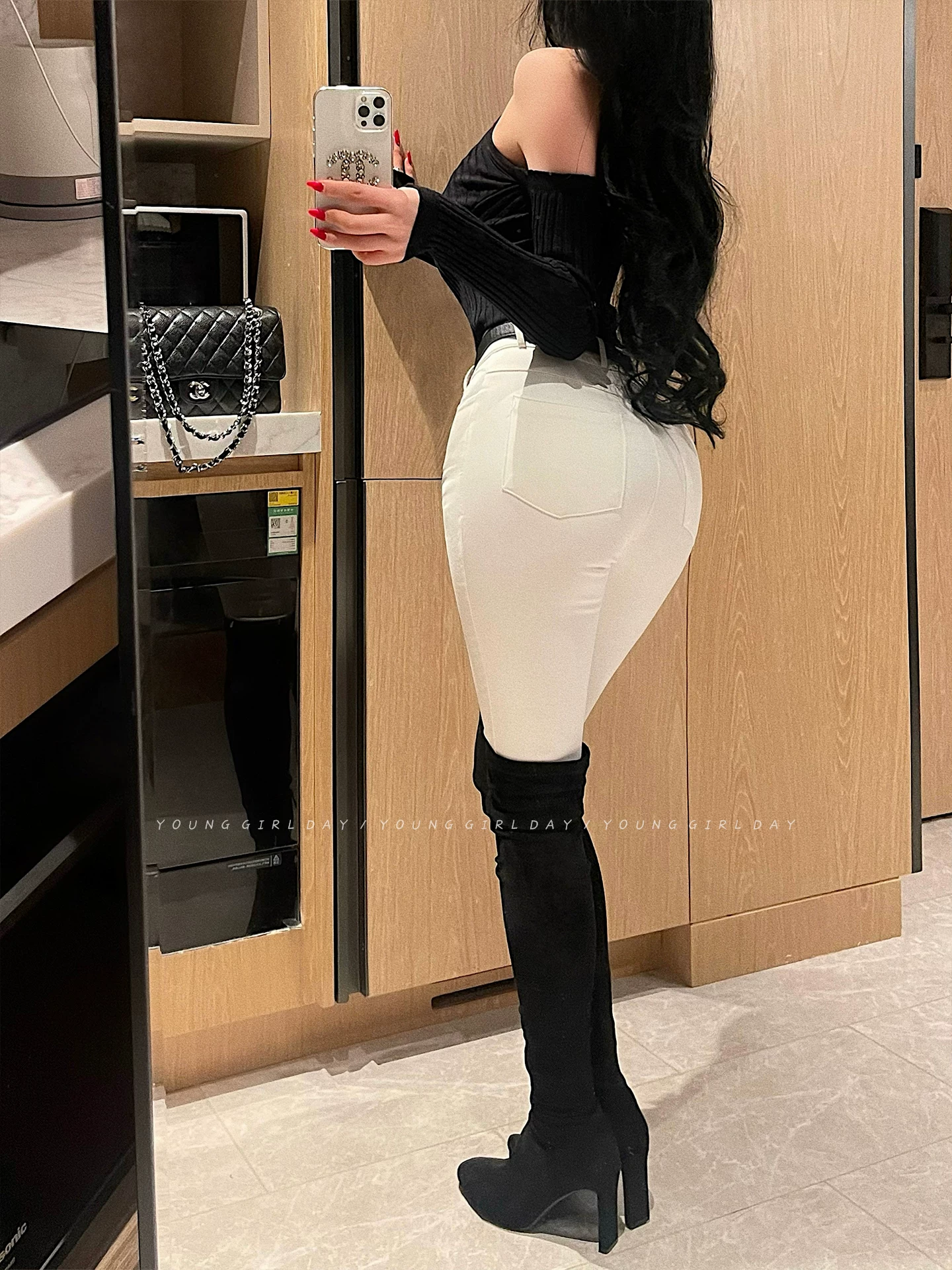 YoungGirlDay Quần skinny ống bó sát cạp cao co giãn kiểu Hàn Quốc dành cho nữ.
