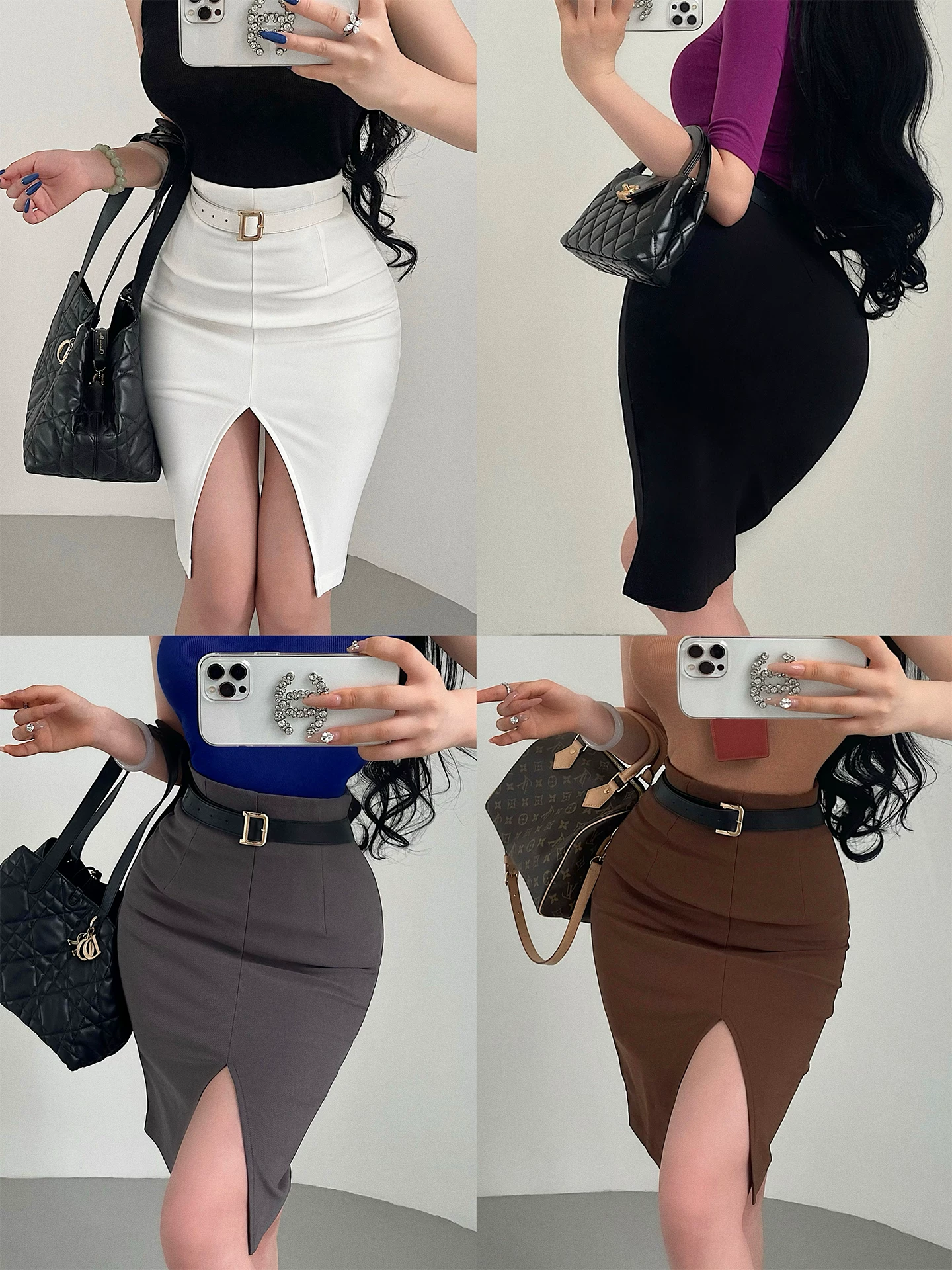 [Có thể mặc được trong mọi mùa] Váy ôm sát hông, cạp cao, xẻ tà phía trước, dài vừa phải, kiểu dáng thuần khiết và gợi cảm theo phong cách Hàn Quốc.