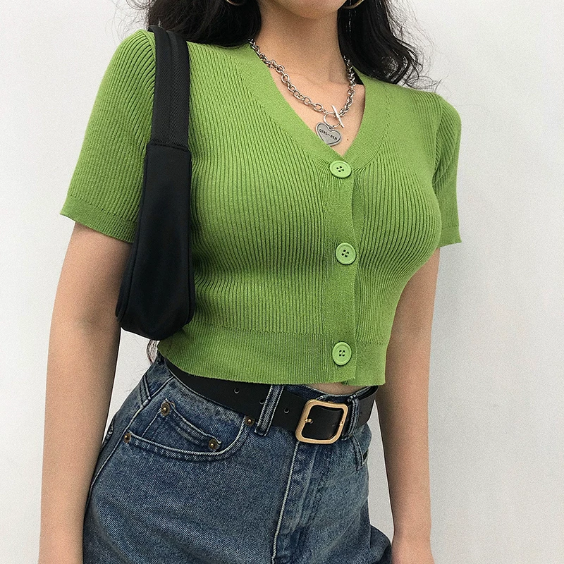 YoungGirlDay Áo thun cardigan ngắn tay cổ chữ V ngắn gợi cảm phong cách Âu Mỹ kiểu dáng ôm vừa vặn ba nút