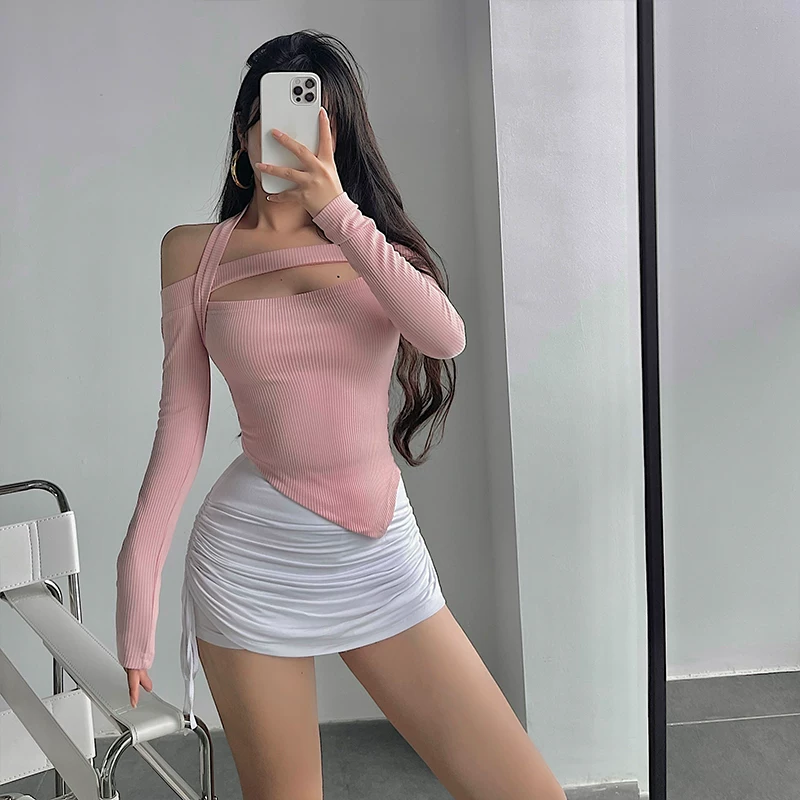 YoungGirlDay Pure Desire Hot Girl Gợi cảm Slim Fit Off-Shoulder Cutout Áo thun dài tay bất đối xứng cổ dây cổ