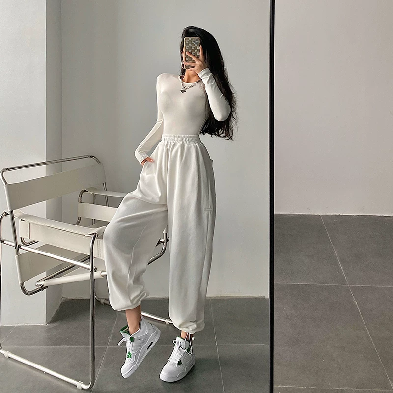 YoungGirlDay Quần jogger dây rút dáng rộng cạp cao phong cách Âu Mỹ có hiệu ứng xếp nếp, quần thể thao thông thường đa năng