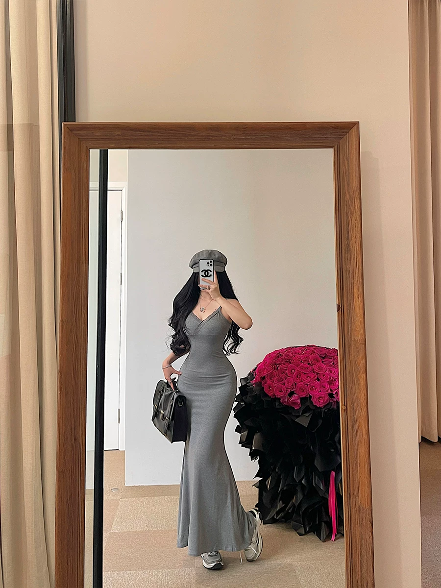 YoungGirlDay Pure Desire Cổ chữ V gợi cảm Slim Fit Bodycon Nàng tiên cá viền ren Váy dài
